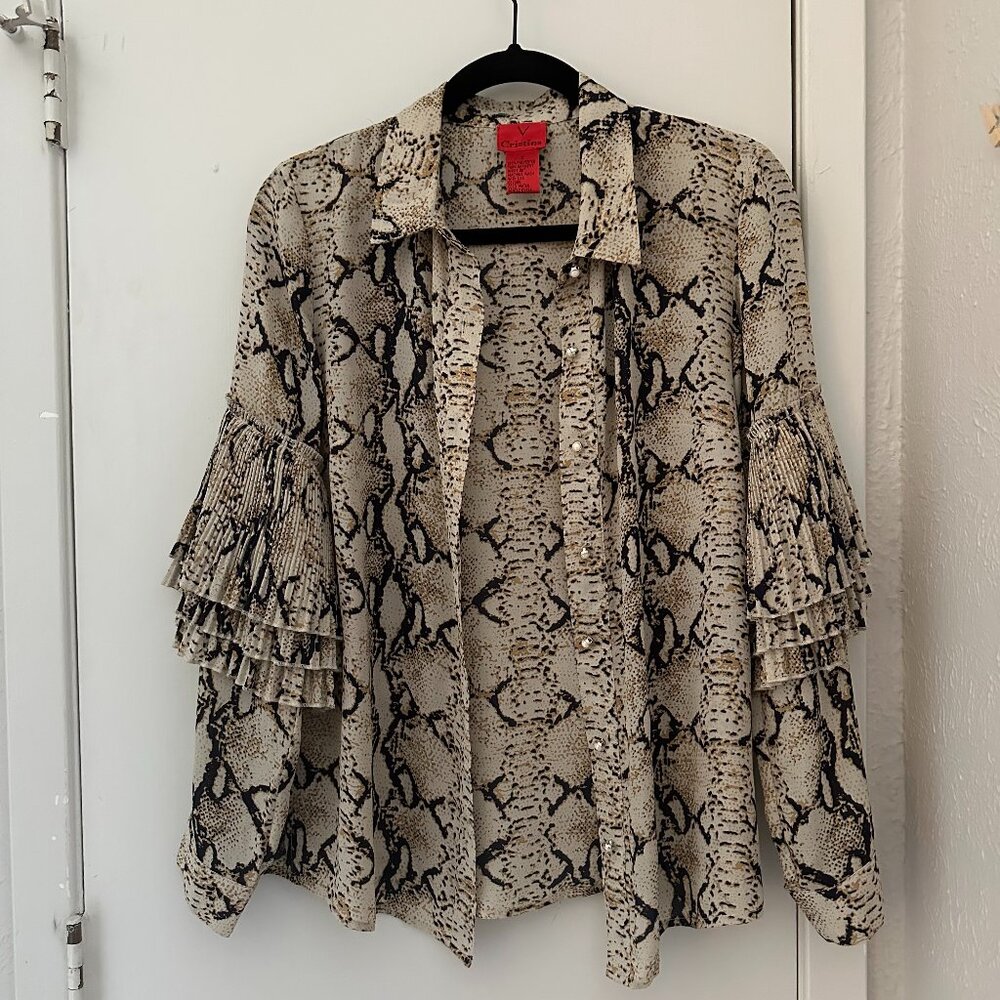 Petite Leopard Print Blouse | Pleats and Pearl Accents | V Cristina